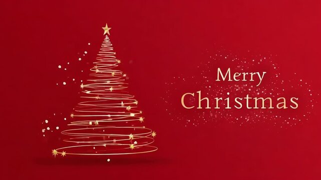 Twinkling golden christmas tree animation with festive merry christmas text on red background