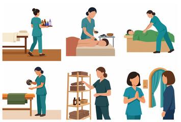 Fototapeta premium Flat vector illustration of spa massage services and wellness treatments set.