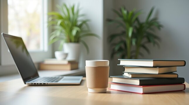 Pila de libros junto a una laptop y una taza de caf&eacute;