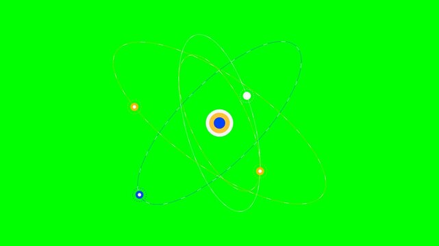 A stylized atomic structure model featuring orbiting electrons on green screen