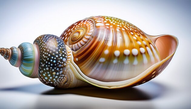 a live sea snail marine gastropod mollusk emerging from its ornate spotted shell an isolated subject for zoology marine biology and conchology