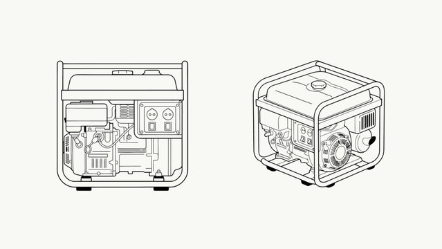 Technical line art illustration of portable power generators on white background.eps