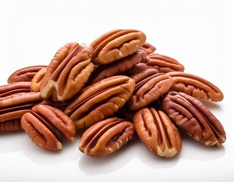 a pile of whole pecan halves with a crunchy texture and rich brown color isolated on a white background for artisan baking and pie making pecan raw healthy