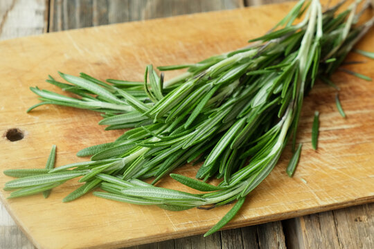Fresh rosemary sprigs on a wooden board. Seasoning.