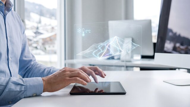 Businessman using a tablet with a holographic 3D mountain ski slope and temperature display in a winter office, representing climate data, weather analytics, and digital visualization technology