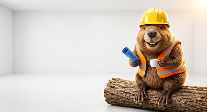 Beaver wearing yellow hard hat and high-vis vest with humorous mood sitting on log holding blueprint and drinking coffee in bright studio representing Labor Day with copy space