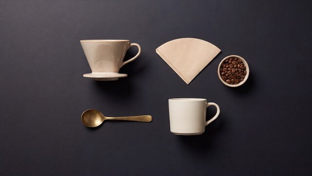 Flat lay of a ceramic pour-over coffee dripper, mug, filter, coffee beans, and golden spoon on a dark background, representing specialty coffee, barista culture, and artisan brewing