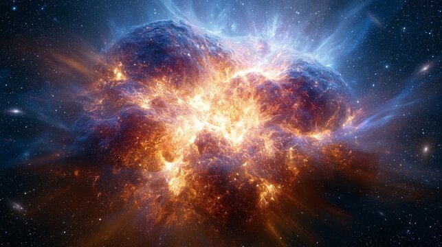Dramatic cosmic energy eruption surrounded by glowing gas clouds and starlight, creating a powerful deep space phenomenon
