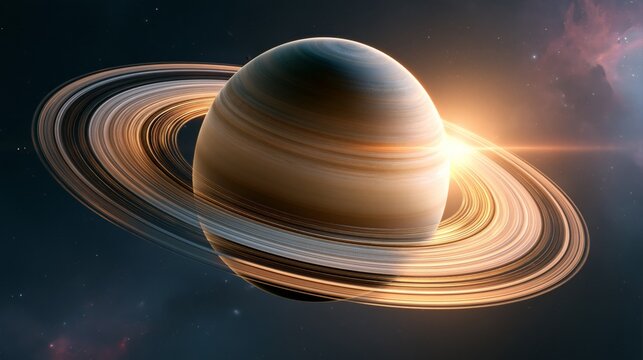 Detailed view of a ringed celestial world surrounded by luminous orbital bands in a vast cosmic environment