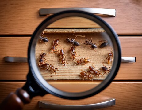 a wooden cabinet drawer viewed through a magnifying glass revealing termite damage and insects