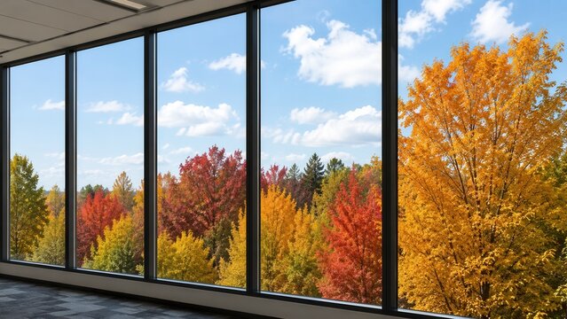 Modern office interior with panoramic windows overlooking colorful autumn forest under bright blue sky landscape