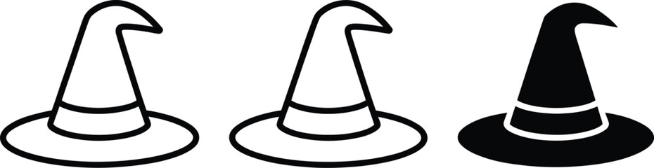 Witch hat icon set featuring magic costume accessories, Halloween party symbols, spooky decorations, and festive vector illustrations. © Golapi