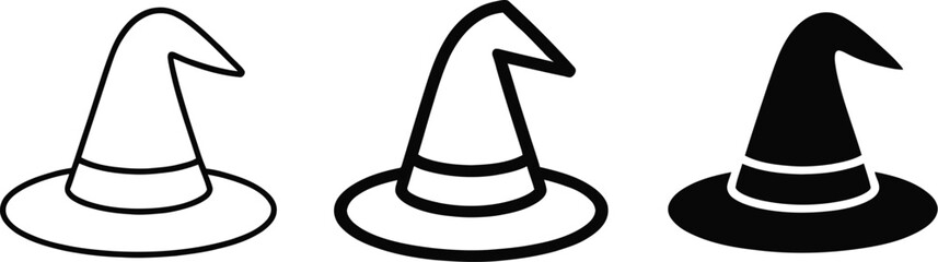 Witch hat icon set featuring magic costume accessories, Halloween party symbols, spooky decorations, and festive vector illustrations. © Golapi