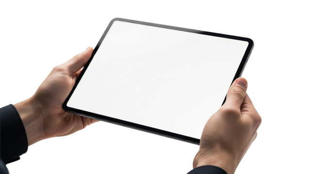 Caucasian male hands holding a modern black tablet with a blank white screen horizontally on an infinite white background; high-key studio product shot. Concept for digital mockup utility.
