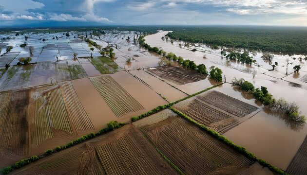 aerial view of flooded farmland climate change impact food security agriculture crisis