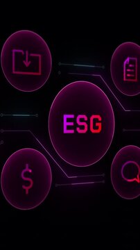 High tech 9:16 vertical interface displaying ESG logo with connected environmental and financial data icons.