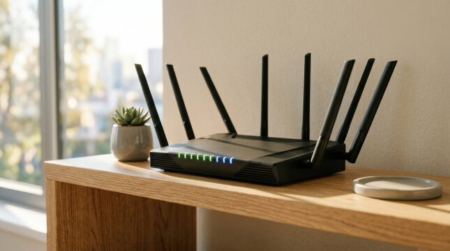 Network security router sleek black device on wooden shelf near window, modern home network