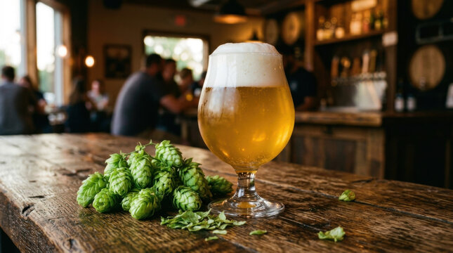 Glass goblet craft beer hops golden ale bar table foamy pint