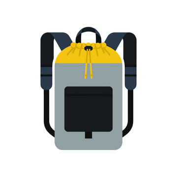 A gray backpack with a yellow drawstring top and black front pocket is presented. It is suitable for travel or school.
