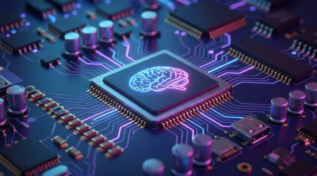 Artificial intelligence microchip with glowing brain symbol on circuit board representing future computing tech.