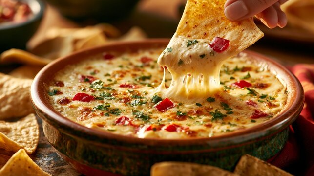 Close-up of bubbling queso dip with tortilla chips dipped into melted cheese under warm golden lighting, creating an indulgent comfort food scene