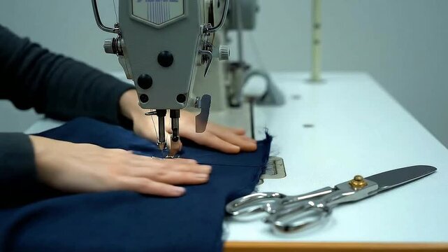 Close-Up of Precision Sewing Techniques with Hands Guiding Fabric at a Sewing Machine in a Studio Environment