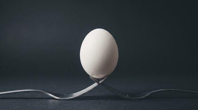 A Balancing Act: A single white egg precariously balanced on the tines of two crossed forks against a dark, minimalist background, symbolizing fragility, precariousness.