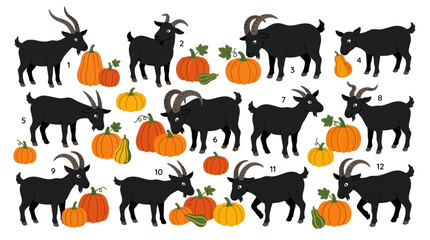 Obraz premium A collection of twelve cute black goats standing next to various orange pumpkins and gourds in a fun autumn harvest illustration