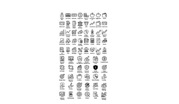 Minimalist Black and White Finance Banking and Growth Icon Set