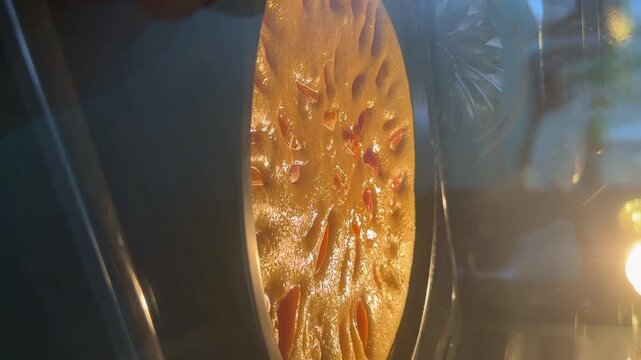 Homemade apricot pie baking in oven. 4k