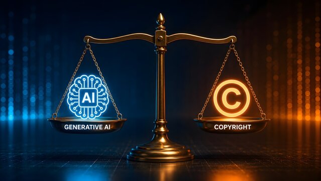Artificial intelligence versus copyright legal concept featuring golden justice scales weighing glowing ai brain and intellectual property icons in cyberspace