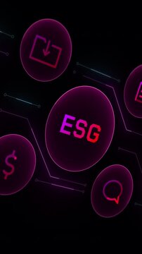 Close up vertical view of a glowing magenta ESG logo surrounded by financial growth and cloud security icons in 9:16.