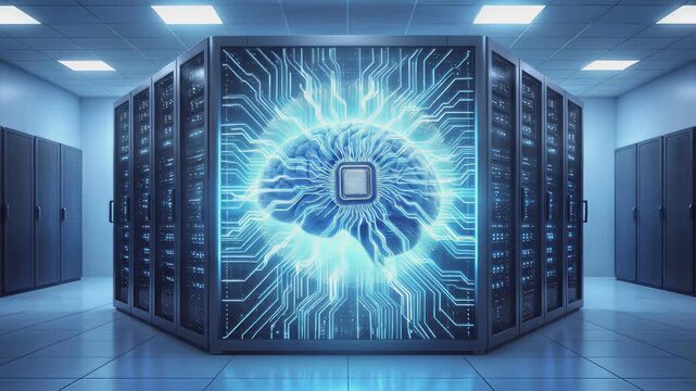Artificial intelligence brain glowing inside server room glass enclosure. Futuristic data center with neural network visualization. Lockdown shot.