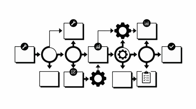A black and white flowchart illustrates a complex process with various symbols
