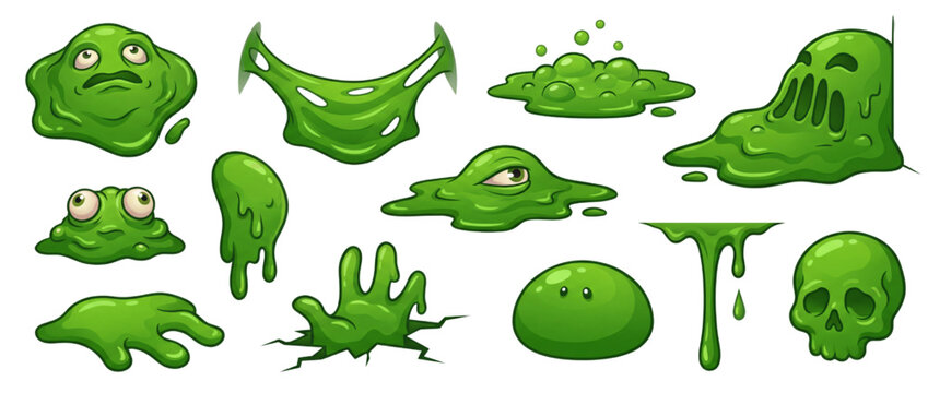 Green Slime Monster Goo Drips and Puddles Cartoon Illustration Set