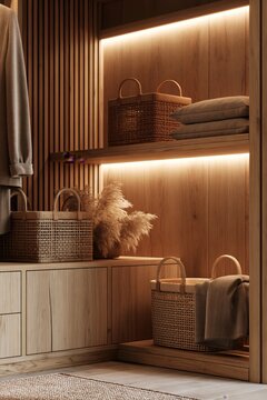 Warm organic modern wardrobe with natural wood textures, woven baskets and soft lighting creating a calming eco luxury interior with refined storage
