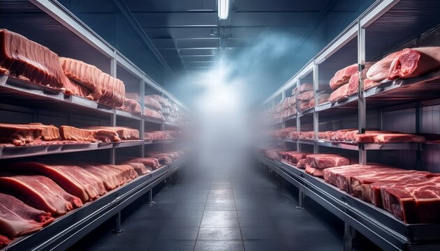 chilled raw meat cuts densely packed on frosty shelves in a vast atmospheric industrial freezer emitting cold mist