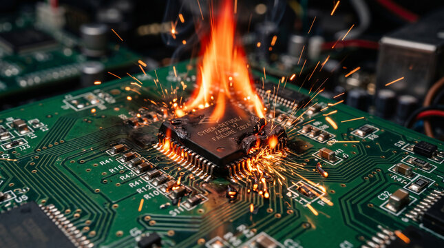 Overheated Circuit Board: A close-up shot captures a computer chip on a green circuit board engulfed in flames, with sparks flying, signifying a catastrophic malfunction or system failure.
