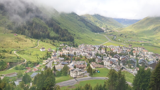 Aerial View of Andermatt Surrounded by the Swiss Alps, Switzerland