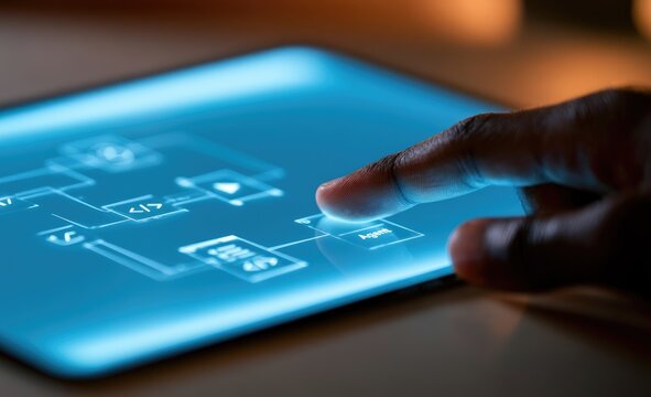 Close-up of a finger interacting with a futuristic digital interface on a tablet.