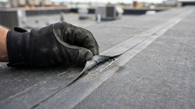 Gloved Hand Lifting Torn Rubber Seam on Commercial Flat Roof - Flat Roof Membrane Seam Failure and Roofing Repair Concept