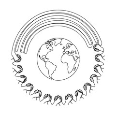 Obraz premium Global Unity Hands Circle Around Earth Illustration, Rainbow Arch Connection