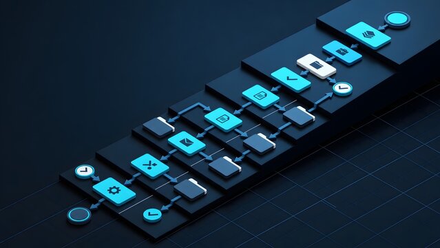 Business process automation flowchart, isometric digital workflow algorithm, logic structure for data pipeline integration