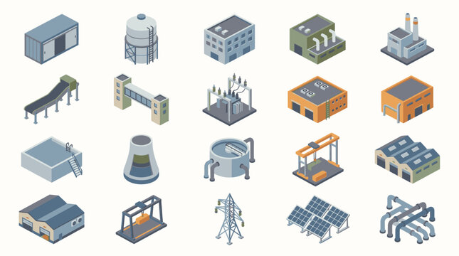Isometric Industrial Buildings and Infrastructure Set.