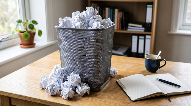 Frustration and Creativity: A crumpled paper-filled trash bin sits on a desk next to an open notebook and pen, with a coffee cup nearby.