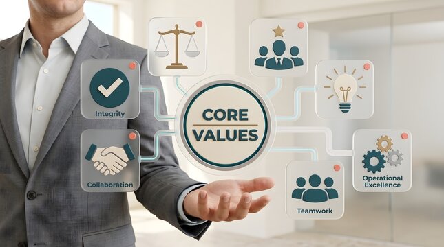 Organizational culture framework interface highlighting corporate core values integrity collaboration and operational excellence