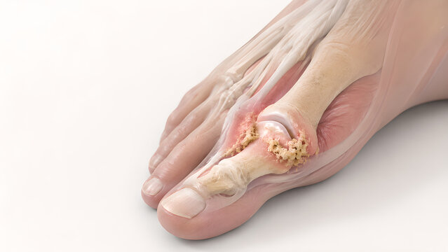 Gout in Big Toe First MTP Joint with Urate Crystal Deposits, Photorealistic Medical 3D Anatomy Render for Healthcare, Rheumatology, Clinical Education and Patient Awareness Design Materials