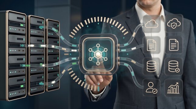 Enterprise cloud server infrastructure showing network data migration and digital information storage management