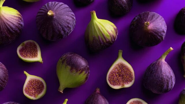 Fresh whole and sliced figs pattern arranged on a vibrant purple background for food photography, top view flat lay style for healthy diet concept