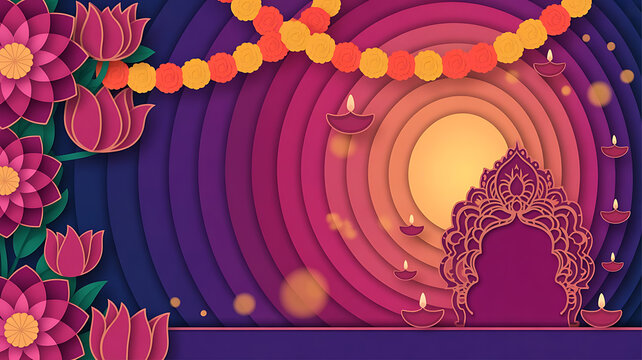 Colorful diwali festival scene with glowing lamps and archway at sunset